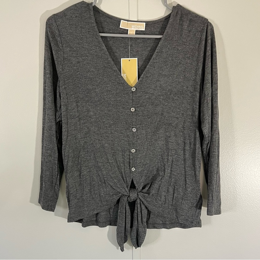 Michael Kors Derby Basics gray V-neck sweater with tie front size small NWT